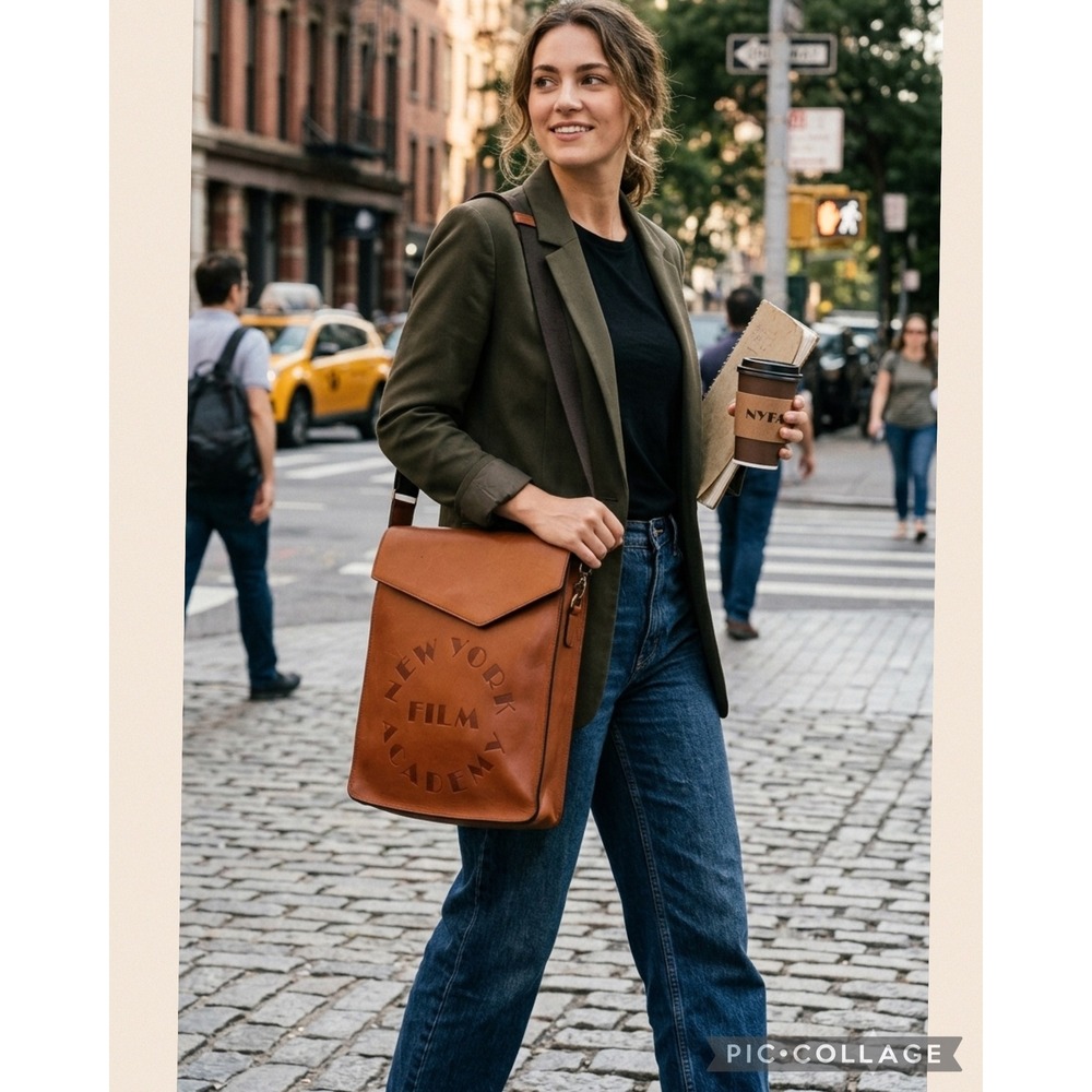 New York‎ Film Academy Leather Messenger Bag Cognac Brown Crossbody Satchel NYFA